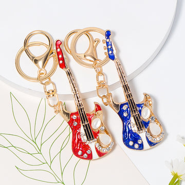 Rhinestone Enamel Electric Guitar Keychain Gold Red Blue