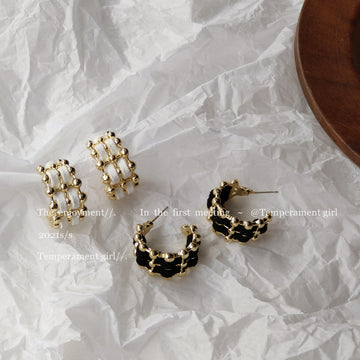 Gold Beaded Lattice Fabric Weave Mini Hoop Earrings