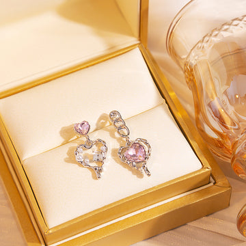 Pink Heart Mismatched Chain and Outline Drop Earrings