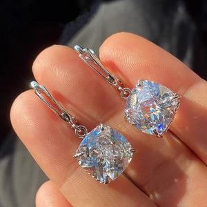 White Metal Cushion Clear Stone Leverback Drop Earrings