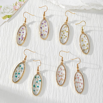 Oval Gold Frame Dried Flower Resin Drop Earrings Four Colors