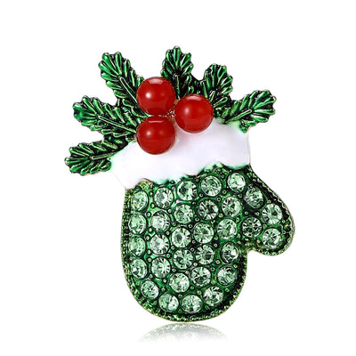 Green Christmas mitten brooch rhinestones holly front