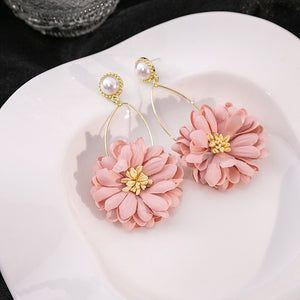 Pink Fabric Flower Drop Earrings with Gold-Tone Oval Wire and Pearl Studs