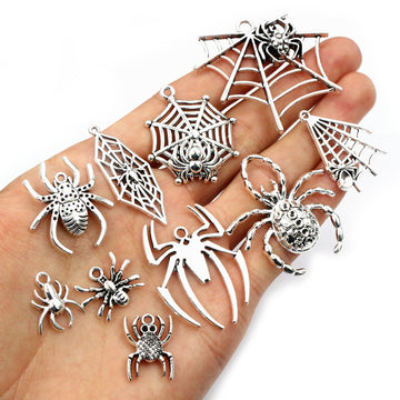 Assorted Spider and Spiderweb Charms in Silver Tone Metal