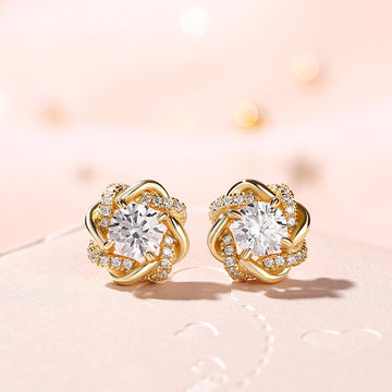 Floral Swirl Clear Stone Stud Earrings In Polished Gold Tone