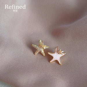 Gold Asymmetric White Enamel Pave Crystal Starfish Stud Earrings