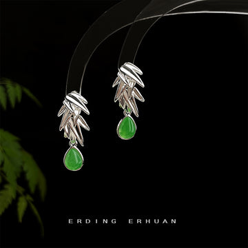 Silver Layered Bamboo Leaf Stud Earrings with Green Teardrops