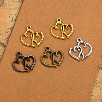 Linked Double Heart Metal Charm Pendant in 5 Finishes for Jewelry Making