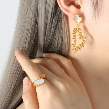 White Shell Heart Stud Open Wire Heart Drop Earrings Gold Steel