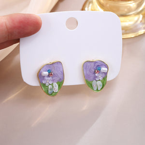 Purple Garden Scene Stud Earrings in Enamel with Seed Bead Flowers