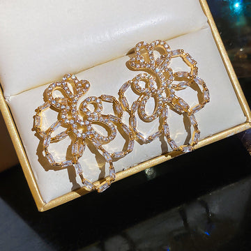 Openwork Crystal Flower Earrings in Gold and Silver Tones