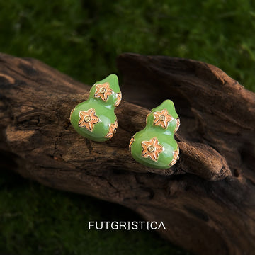 Green Enamel Gourd Stud Earrings Gold Flower Accents