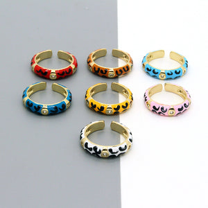Gold Tone Leopard Print Enamel Ring, Open Adjustable Band, Seven Colors