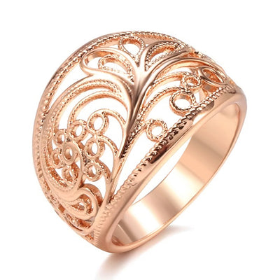 Rose Gold Tone Wide Filigree Scroll Ring Polished Metal Jewelry front product view