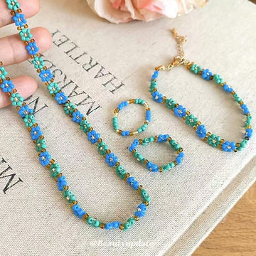 Blue Green Seed Bead Flower Necklace Bracelet Rings Four