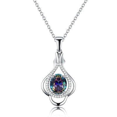 Silver teardrop mystic rainbow oval pendant necklace front view