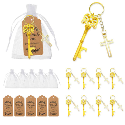 Gold-tone key opener displayed with a white drawstring bag and brown thank-you tags.