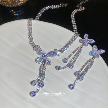 Silver Butterfly Rhinestone Necklace Matching Tassel Earrings