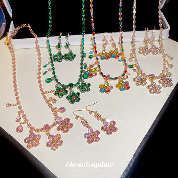 Crystal Flower Teardrop Necklace Earring Sets 3 Colors