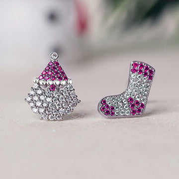 Silver Tone Crystal Stocking And Santa Stud Earrings