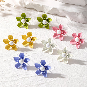 Pearl Centered Layered Metal Flower Stud Earrings in Five Colors