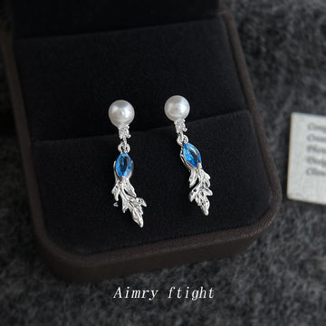 Silver Tone White Pearl Blue Stone Leaf Branch Drop Stud Earrings