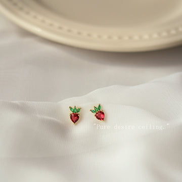 Mini Red Zircon Strawberry Stud Earrings Green Leaf Caps