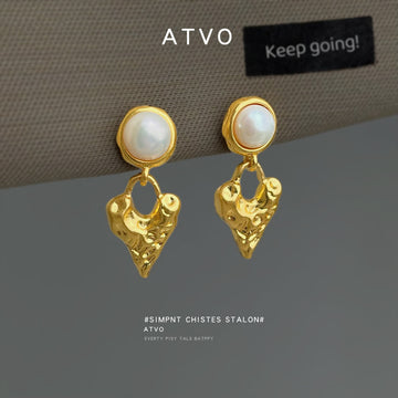 Gold Pearl Stud Textured Open Heart Drop Earrings Pair