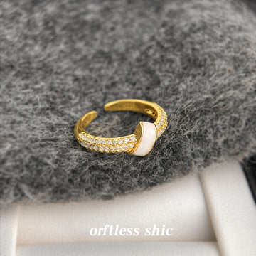 Gold-Tone Open Adjustable White Enamel Pave Band Ring
