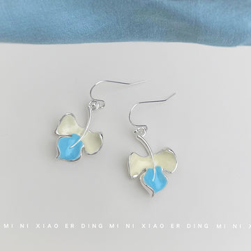 Silver Hook Leaf Drop Earrings Cream Blue Enamel Gradient