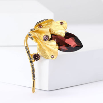Tulip Flower Metal Brooch with Dark Faceted Petals and Crystal Accents