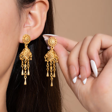 Gold Filigree Medallion Multi Chain Tassel Earrings