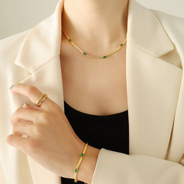 Gold Snake Chain Necklace And Bracelet With Baguette Zircons