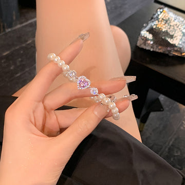White Pearl Like Stretch Bracelet With Pink Heart Crystal Center