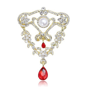 Ornate Pearl and Crystal Drop Brooch with Teardrop Dangle
