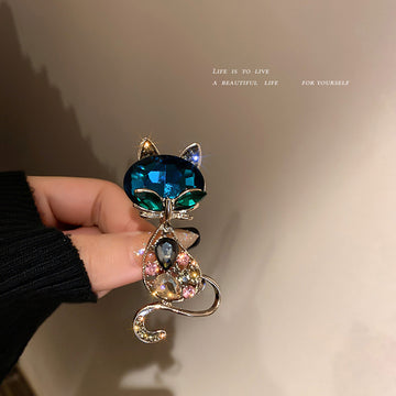 Blue Green Crystal Cat Brooch With Multicolor Faceted Body