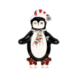 Christmas Penguin Enamel Brooch Pin with Rhinestone Scarf, Gold-Tone Zinc Alloy