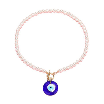 Pink Pearl Look Beaded Necklace with Blue Evil Eye Pendant