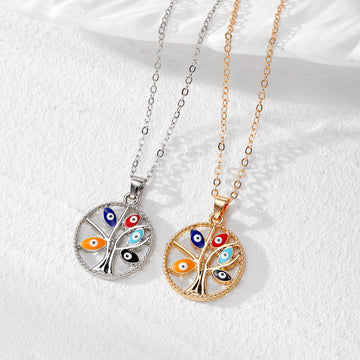 Gold and Silver Tone Tree of Life Evil Eye Pendant Necklaces