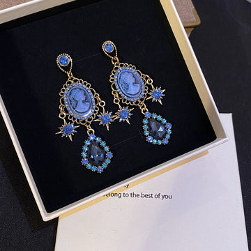 Blue Cameo Portrait Star and Teardrop Dangle Stud Earrings