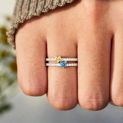 Silver double pave band ring yellow and blue hearts worn on finger
