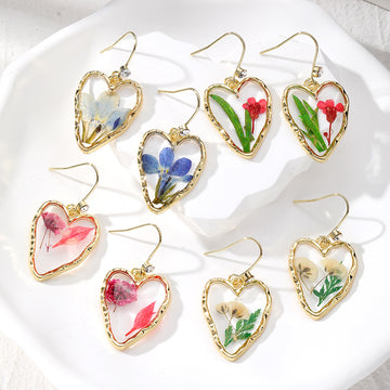 Gold Tone Heart Pressed Flower Resin Hook Earrings