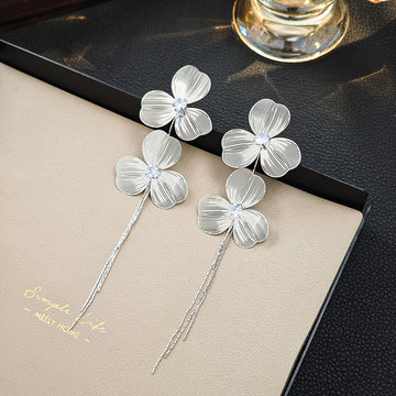 Silver Double Flower Extra Long Chain Tassel Earrings