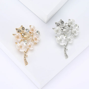 Owl on Plum Branch Brooch Pearl Flowers Gold and Silver