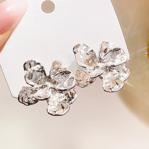 Silver Tone Clear Irregular Flower Statement Stud Earrings