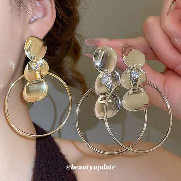 Gold Irregular Disc and Oversized Hoop Drop Earrings