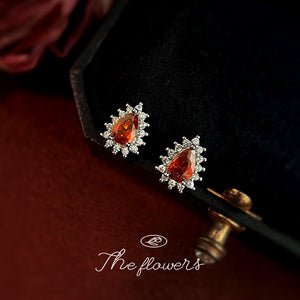 Red Teardrop Zircon Halo Mini Stud Earrings Silver Tone