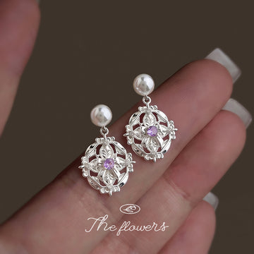 Silver Pearl Stud Filigree Drop Earrings With Purple Center