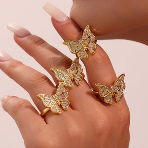 Gold Copper Open Butterfly Ring Pave and Baguette Zircon