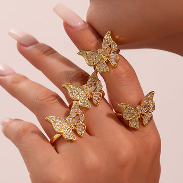 Gold Copper Open Butterfly Ring Pave and Baguette Zircon